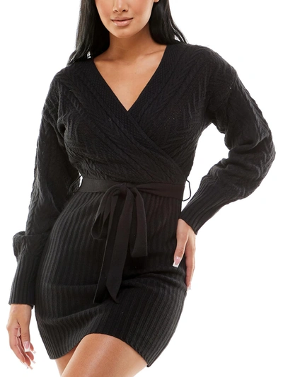 Planet Gold Juniors Womens Cable Knit Long Sleeves Sweaterdress In Black