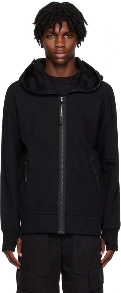 C.p. Company Diagonal Raised Fleece Zipped Goggle Hoodie In Black