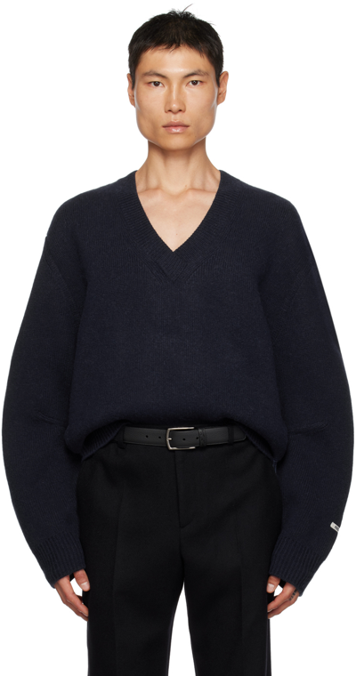 Recto Navy V-neck Sweater In Bk Black