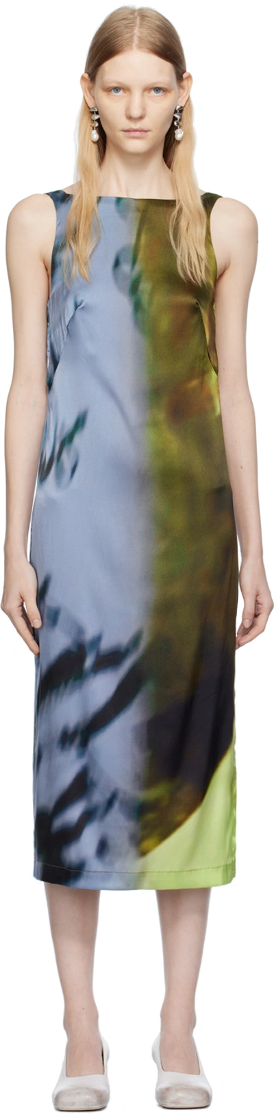 Serapis Blue & Khaki Open Back Midi Dress In Blue/lime