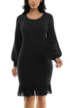 Nina Leonard Balloon Sleeve Fringe Hem Sweater Dress In Black
