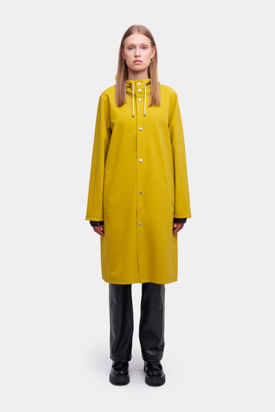 Stutterheim Stockholm Long Matte Print Raincoat Gold In Golden Palm