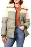 Bernardo Mixed Media Faux Fur Trim Puffer Jacket In Green Moonglow