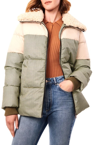 Bernardo Mixed Media Faux Fur Trim Puffer Jacket In Green Moonglow