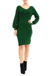 Nina Leonard V-neck Balloon Sleeve Sweater Dress In Jewel Green