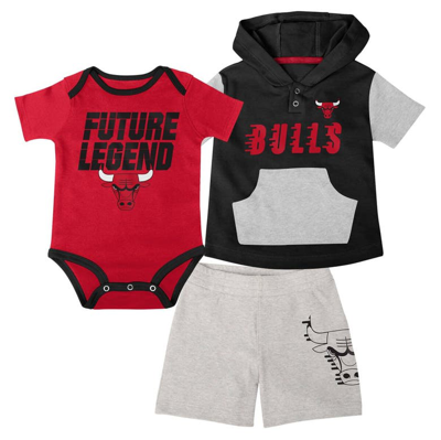 Outerstuff Baby Boys And Girls Red, Black, Gray Chicago Bulls Bank Shot Bodysuit, Hoodie T-shirt And Shorts Set In Red,black