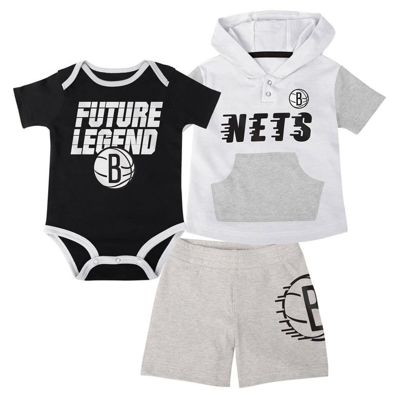 Outerstuff Babies' Infant Black/white/gray Brooklyn Nets Bank Shot Bodysuit, Hoodie T-shirt & Shorts Set