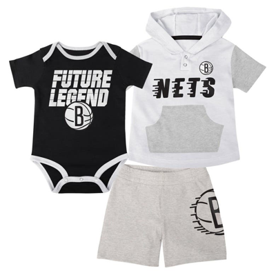 Outerstuff Babies'  Infant Black/white/gray Brooklyn Nets Bank Shot Bodysuit, Hoodie T-shirt & Shorts Set