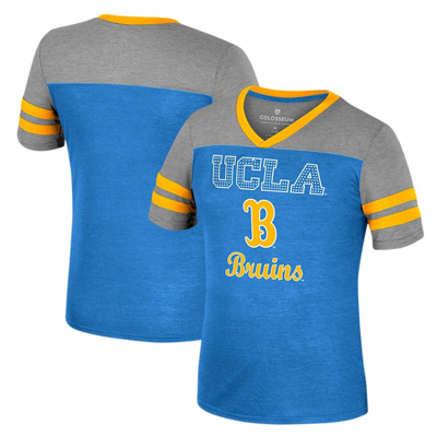 Colosseum Kids' Girls Youth  Blue/heather Gray Ucla Bruins Summer Striped V-neck T-shirt In Blue,heather Gray