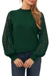 Cece Women's Sheer-sequin-sleeve Mock-neck Cotton Sweater In Alpine Green