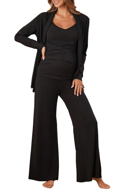 Angel Maternity Street To Home Maternity/nursing Cardigan, Camisole & Trousers Set In Black