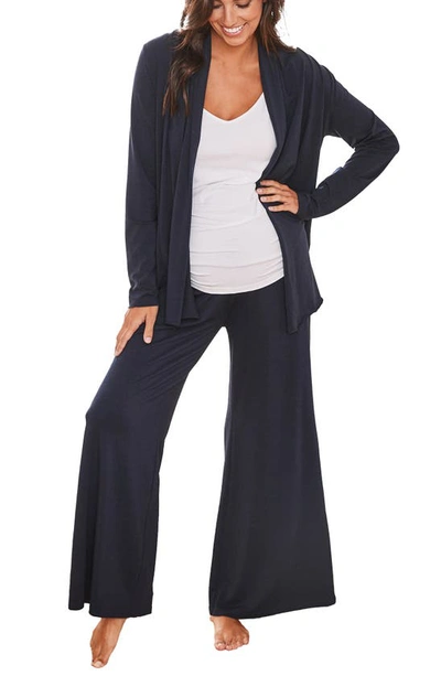 Angel Maternity Street To Home Maternity/nursing Cardigan, Camisole & Pants Set In Navy