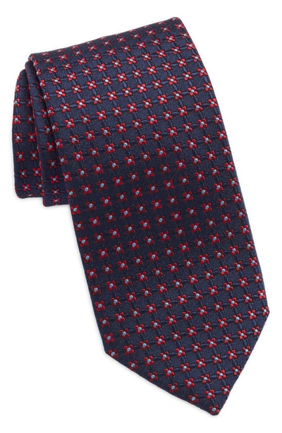 David Donahue Neat Floral Silk Tie In Navy/ Red