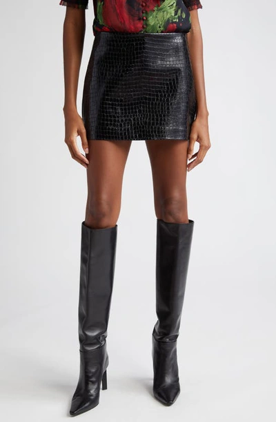 Alice And Olivia Rubi Croc-embossed Faux Leather Mini Skirt In Black