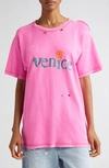 Erl Gender Inclusive Venice Distressed Cotton & Linen Graphic T-shirt In Pink
