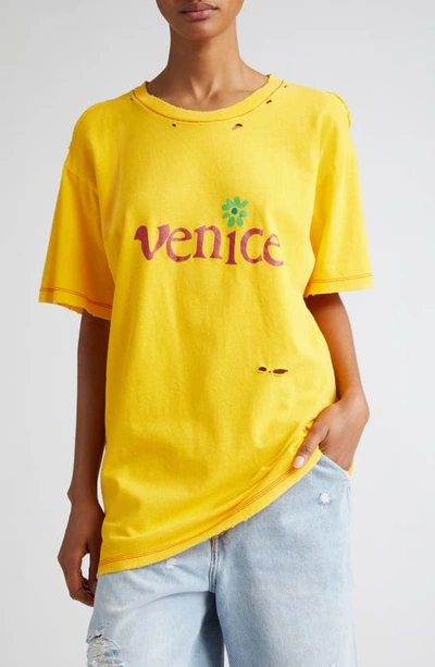 Erl Logo-print Distressed T-shirt In Yellow