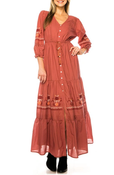 A Collective Story Embroidered Cotton Voile Maxi Shirtdress In Brick Dust