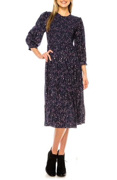 A Collective Story Floral Smocked Midi Dress In Dark Sapphire
