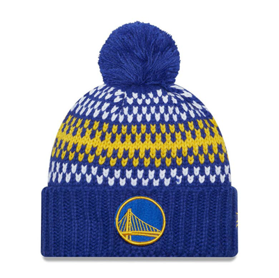 New Era Royal Golden State Warriors Lift Pass Cozy Cuffed Knit Hat With Pom