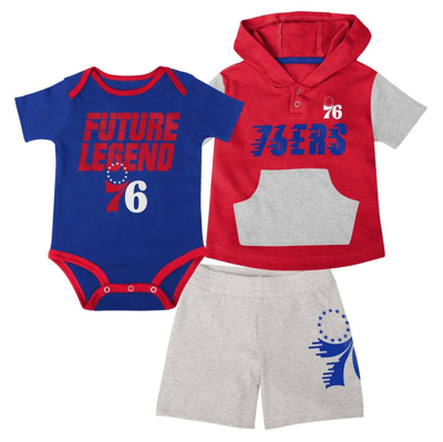 Outerstuff Baby Boys And Girls Royal, Red, Gray Philadelphia 76ers Bank Shot Bodysuit, Hoodie T-shirt And Short In Royal,red,gray