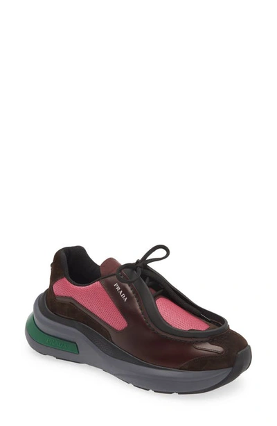 Prada Brushed Leather Sneakers With Bike Fabric And Suede Elements In Garnet/peony Pink
