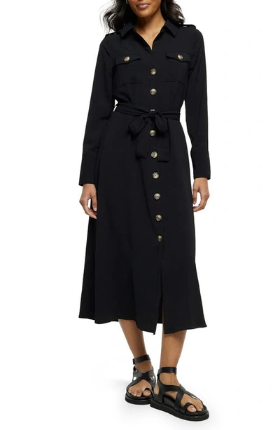 River Island Belted Long Sleeve Utility Midi Shirtdress In Black | ModeSens