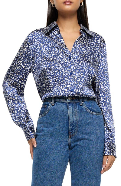 River Island Floral Satin Button-up Shirt In Blue