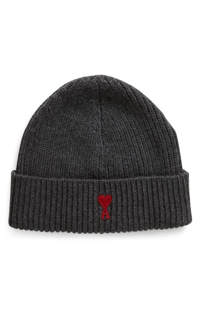 Ami Alexandre Mattiussi Ami De Coeur Embroidered Wool Beanie In Heather Grey/ Red/ 084