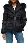RIVER ISLAND BELTED FAUX FUR TRIM HOODED PUFFER JACKET