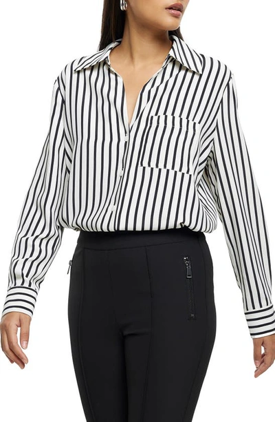 River Island Stripe Satin Button-up Shirt In Black/ White