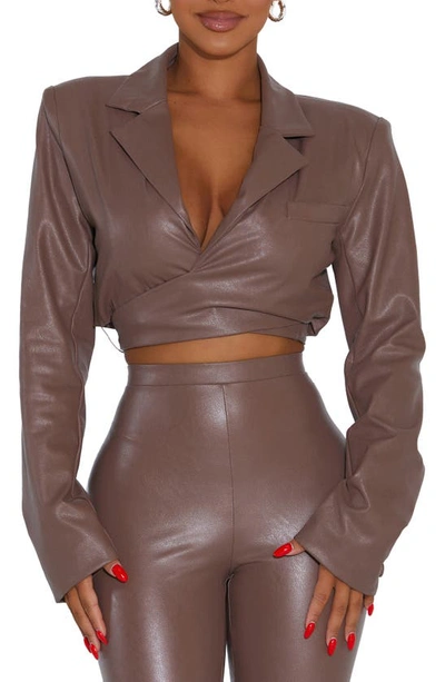 Naked Wardrobe Good Crop Wrap Faux Leather Blazer In Taupe