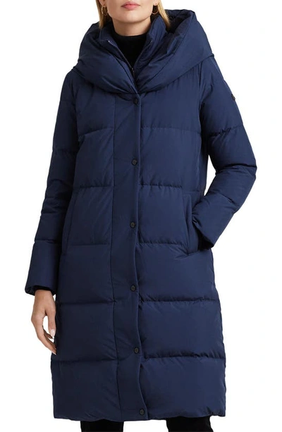 Lauren Ralph Lauren Pillow Hood Longline Down & Feather Jacket In Navy