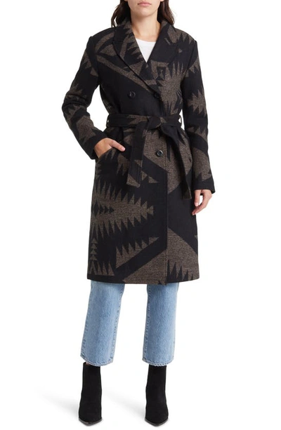 Pendleton Belted Jacquard Virgin Wool Trench Coat In Black Mirror Lake