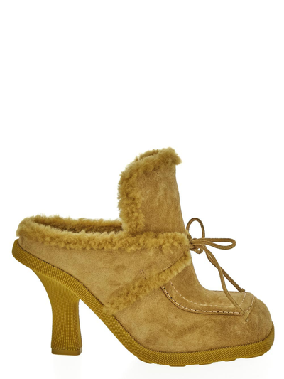 Burberry Suede And Shearling Highland Mules In Yellow