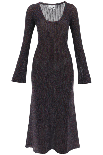 Ganni Lurex-knit Midi Dress In Grey