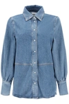 GANNI RHINESTONE STUDDED LETTERING DENIM SHIRT