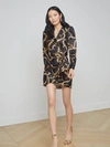 L Agence Clarice Chain Print Long Sleeve Stretch Silk Dress In Black/gold Large Classic Chain