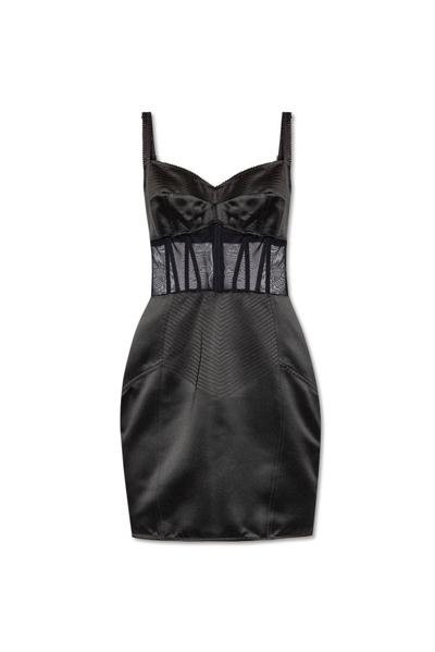Dolce & Gabbana Boned Bodice Panelled Mini Satin Dress In Black
