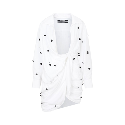 Jacquemus La Robe Bahia Crepe Mini Dress In Em White Black Dots