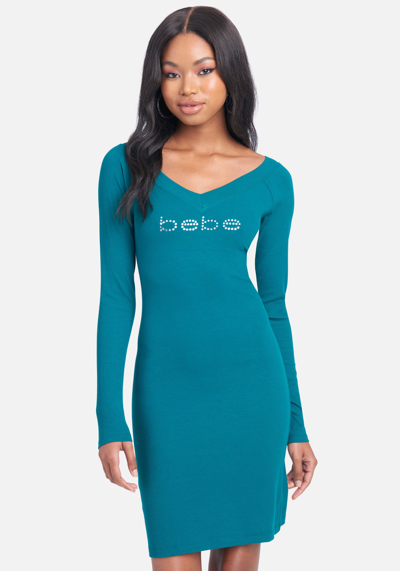 Bebe Crystal Logo Long Sleeve Dress In Storm Green