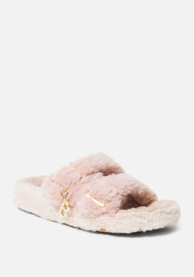 Bebe Fanny Faux Fur Slippers In Pink Grey