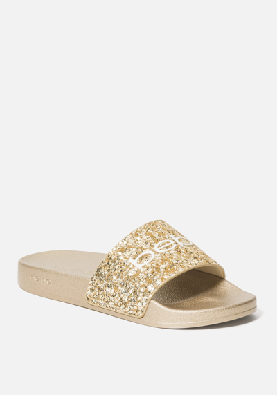 Bebe Fraida Womens Glitter Logo Slide Sandals In Gold