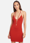 Bebe Lace Up Double Strap Halter Dress In Fiery Red