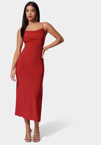 Bebe Cowl Neck Spaghetti Strap Slit Maxi In Red