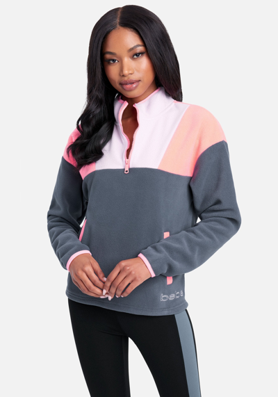 Bebe Logo Fleece Color Block Pullover In Blue Smoke