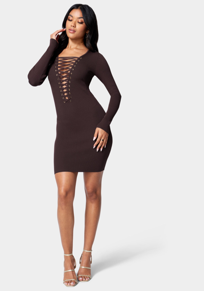 Bebe Plunge Neck Lace Up Sweater Dress In Brown