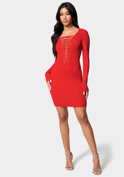 Bebe Plunge Neck Lace Up Sweater Dress In Red Alert