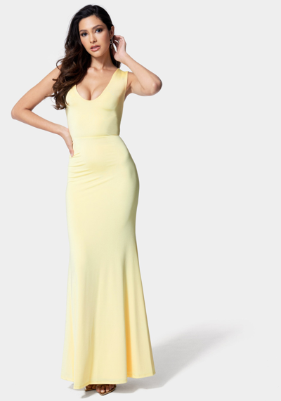 Bebe Open Back Gown In Pastel Yellow