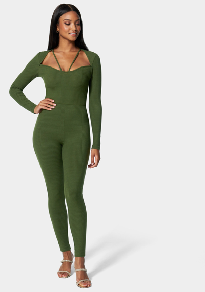 Bebe Strappy Neck Rib Catsuit In Pesto