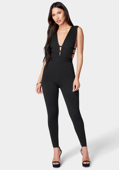 Bebe Bandage Plunge Neck Catsuit In Jet Black